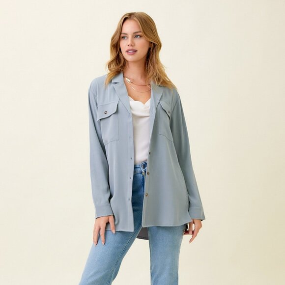 MYSTREE Light Blue Button-Down Blouse, Relaxed Fit Collared Shirt, Soft Flowy - Picture 4 of 5